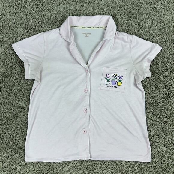 Life Is Good Other - Life Is Good Top Womens S Pink Sleep Shirt Flower Pots Button Front Pajamas READ